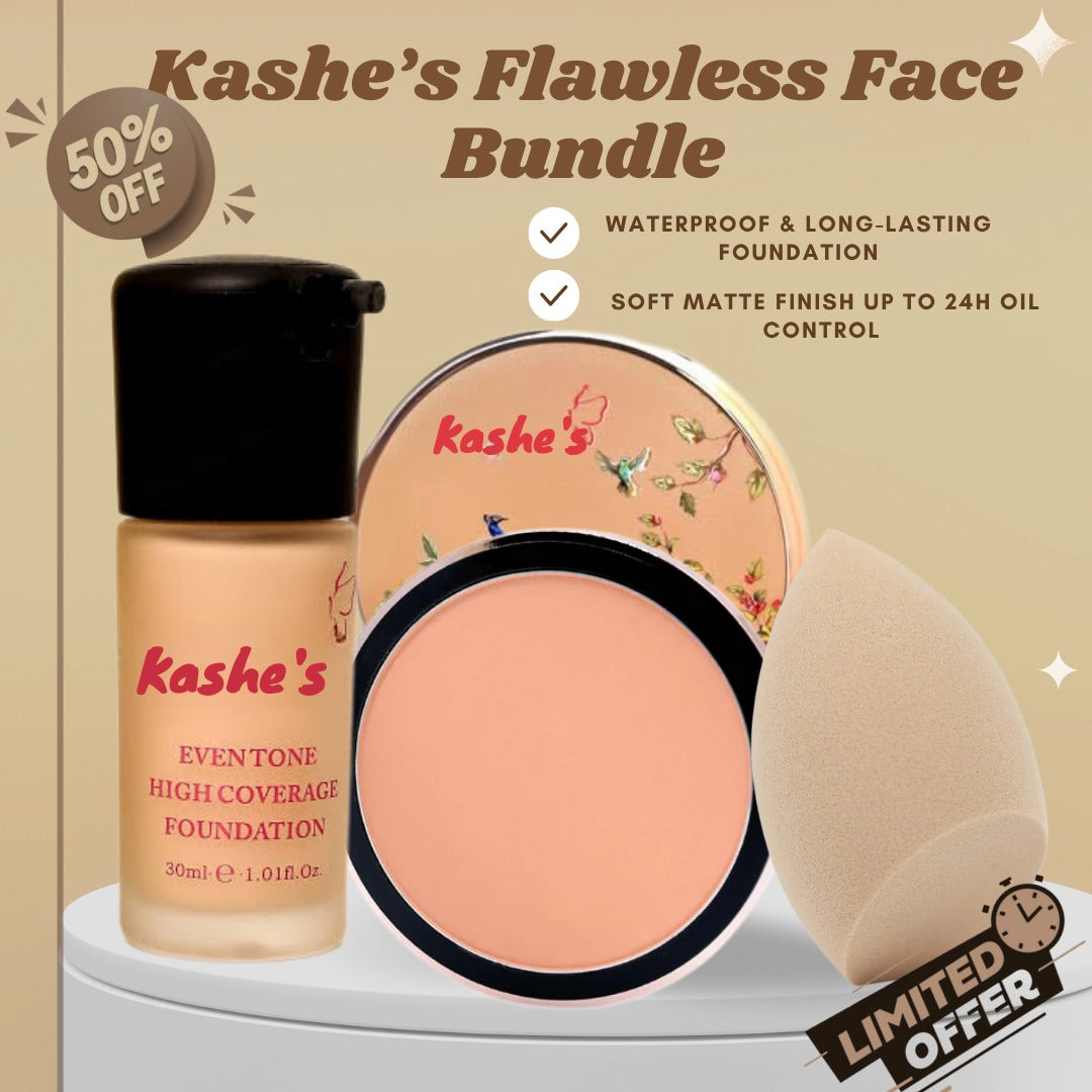 Kashe's Flawless Face Bundle - Includes Foundation, Compact powder & Beauty Blender