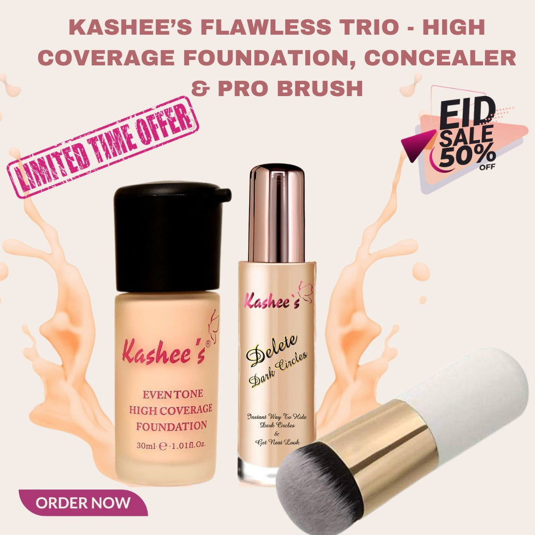 Kashee’s Flawless Trio – High-Coverage Foundation, Concealer & Pro Brush