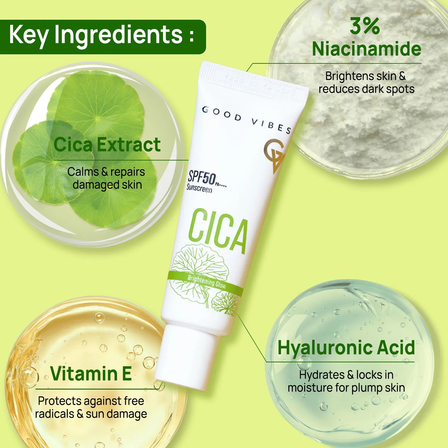 Good Vibes CICA Brightening Glow Sunscreen SPF 50 PA++++ |